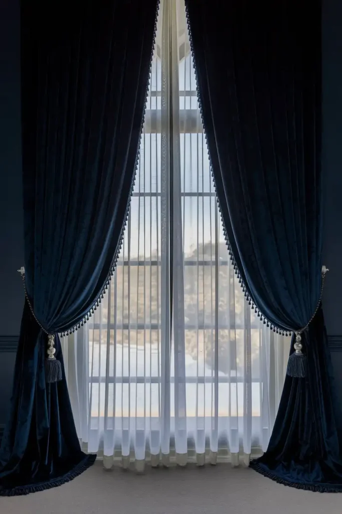 Add Dimension with Navy Velvet Curtains - dark blue bedroom ideas