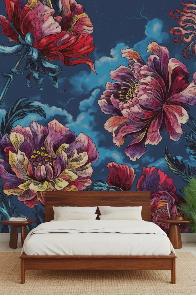 Bold Floral Murals accent wall bedroom ideas