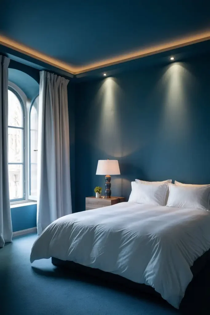 Discover the Drama of a Dark Blue Ceiling - dark blue bedroom ideas