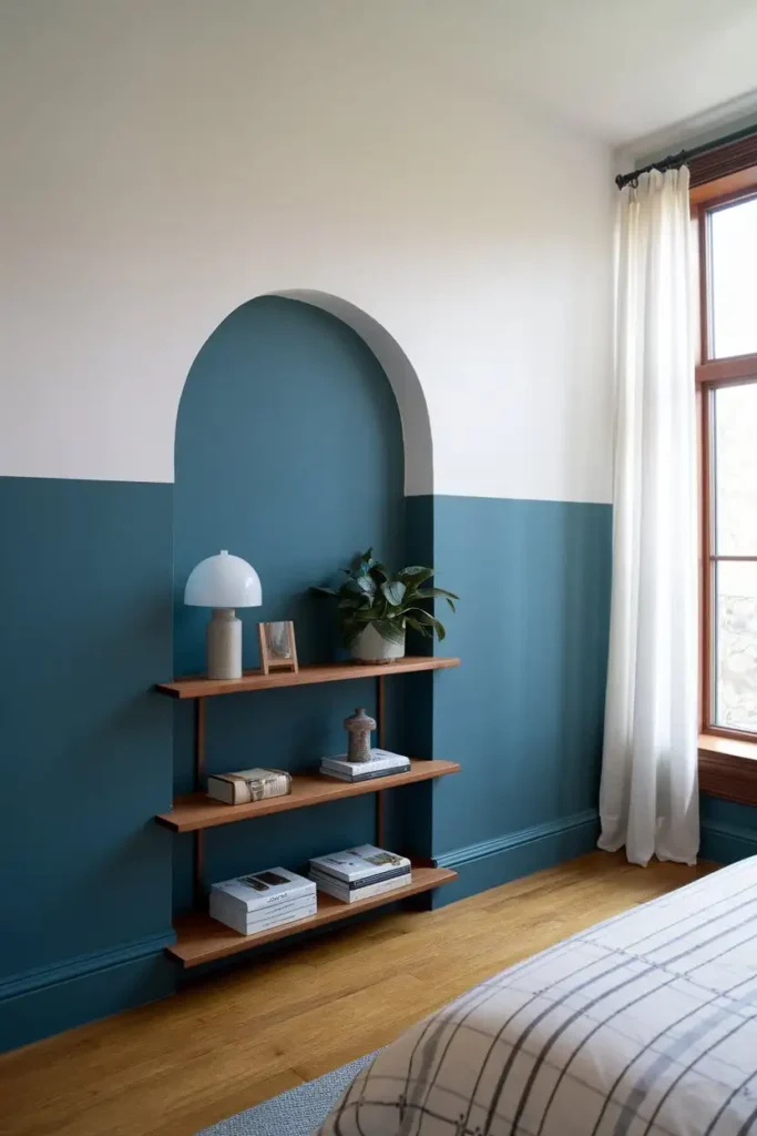 Display Shelf with Two-Toned Wall - accent wall bedroom ideas