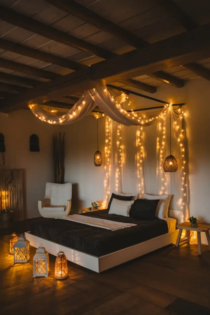 Hanging Fairy Lights and Lanterns dark boho bedroom