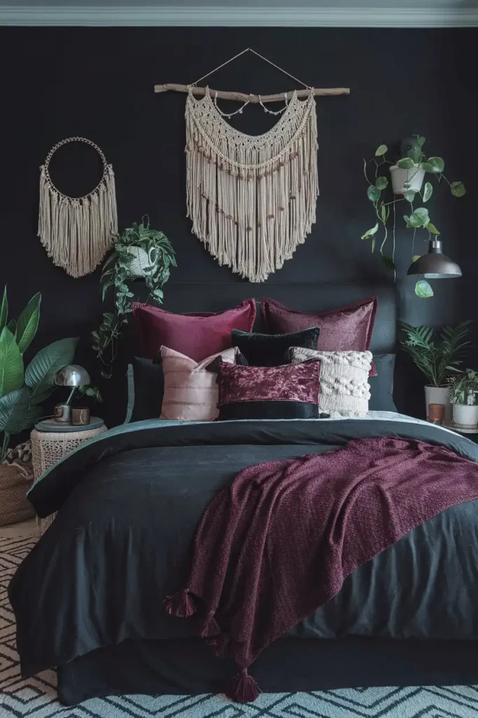 Layered Black and Burgundy Bedding