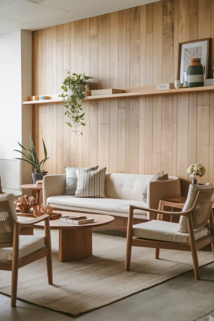 Natural Wood Paneling - Wall Ideas For Japandi Style Living Room