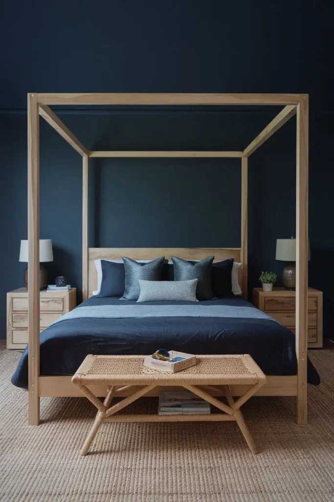 Pairing Dark Blue with Natural Materials - dark blue bedroom ideas
