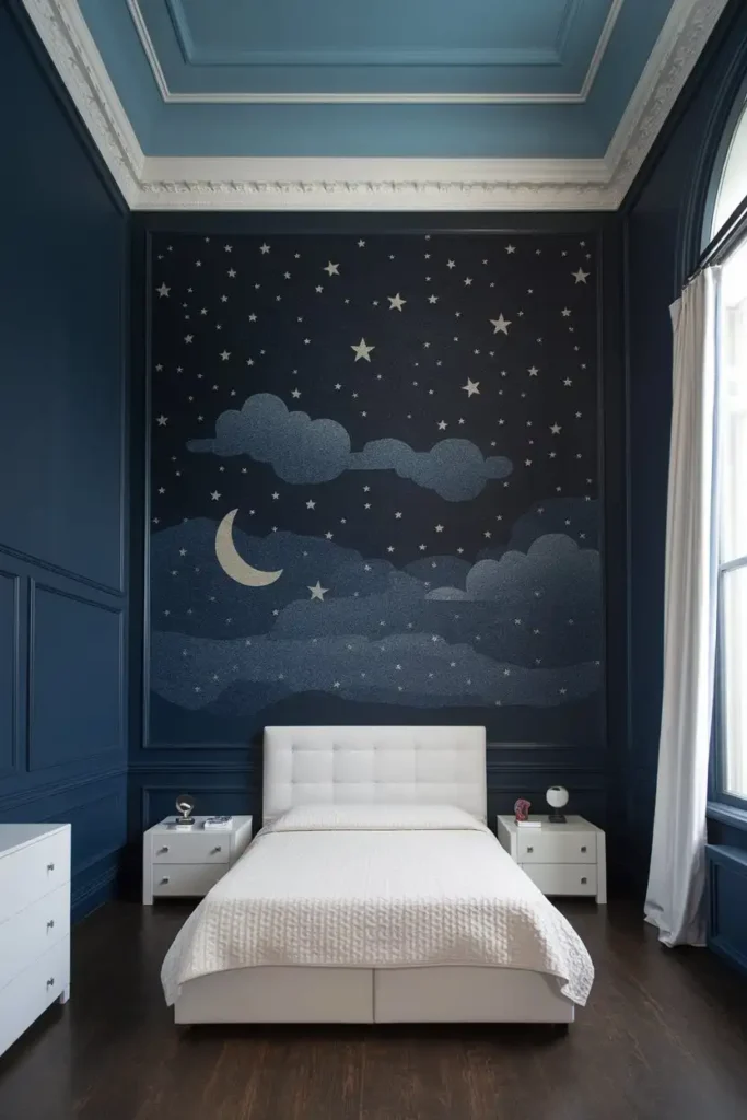 Sophistication with Textured Wallpaper - dark blue bedroom ideas