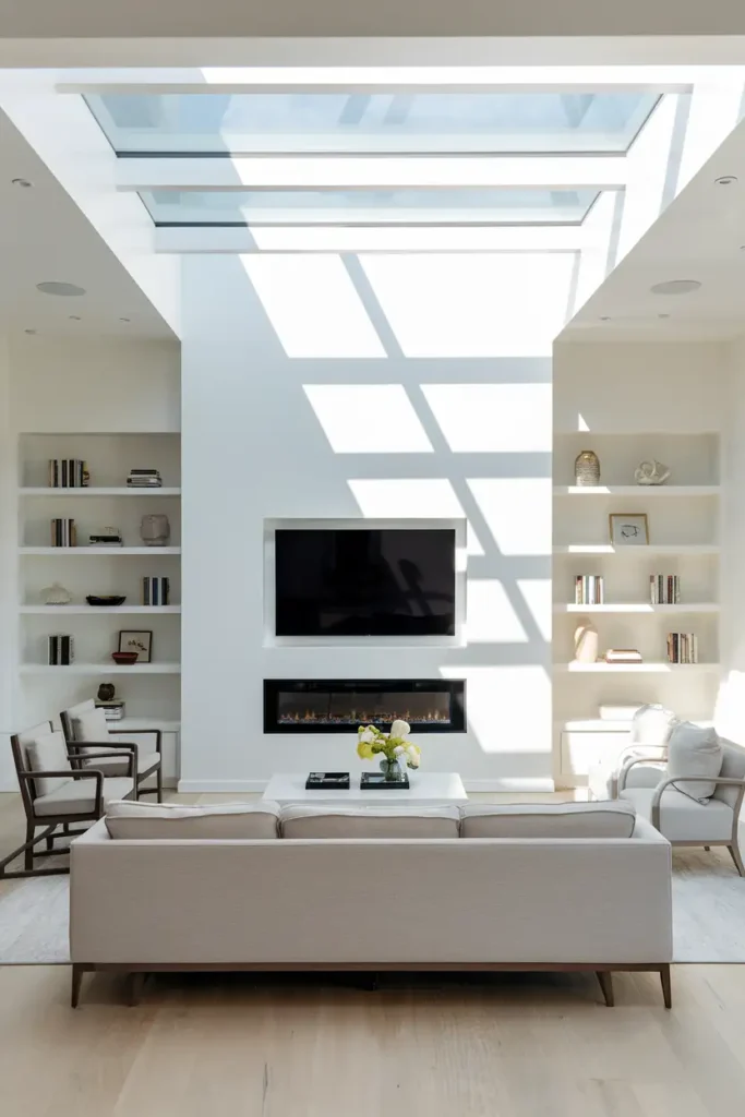 Bright Elegance with Fireplace and Skylight Integration-modern living room tv wall ideas
