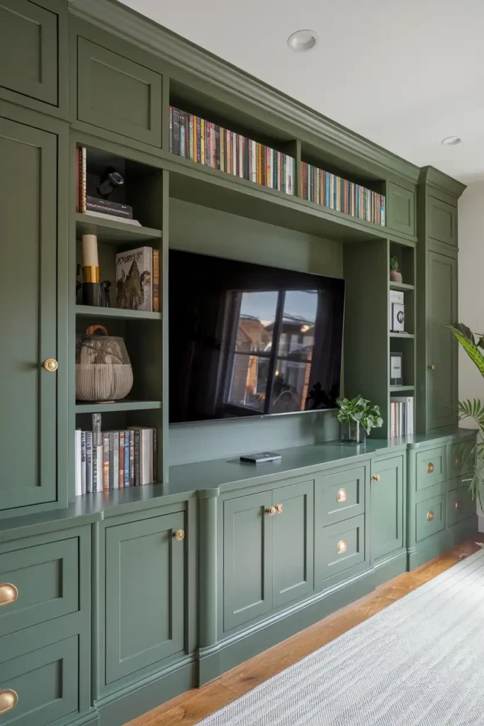 Built-In TV Wall with Rich Green Cabinets