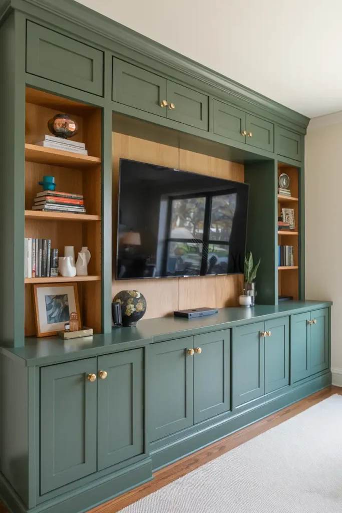 Built-In TV Wall with Rich Green Cabinets-modern living room tv wall ideas