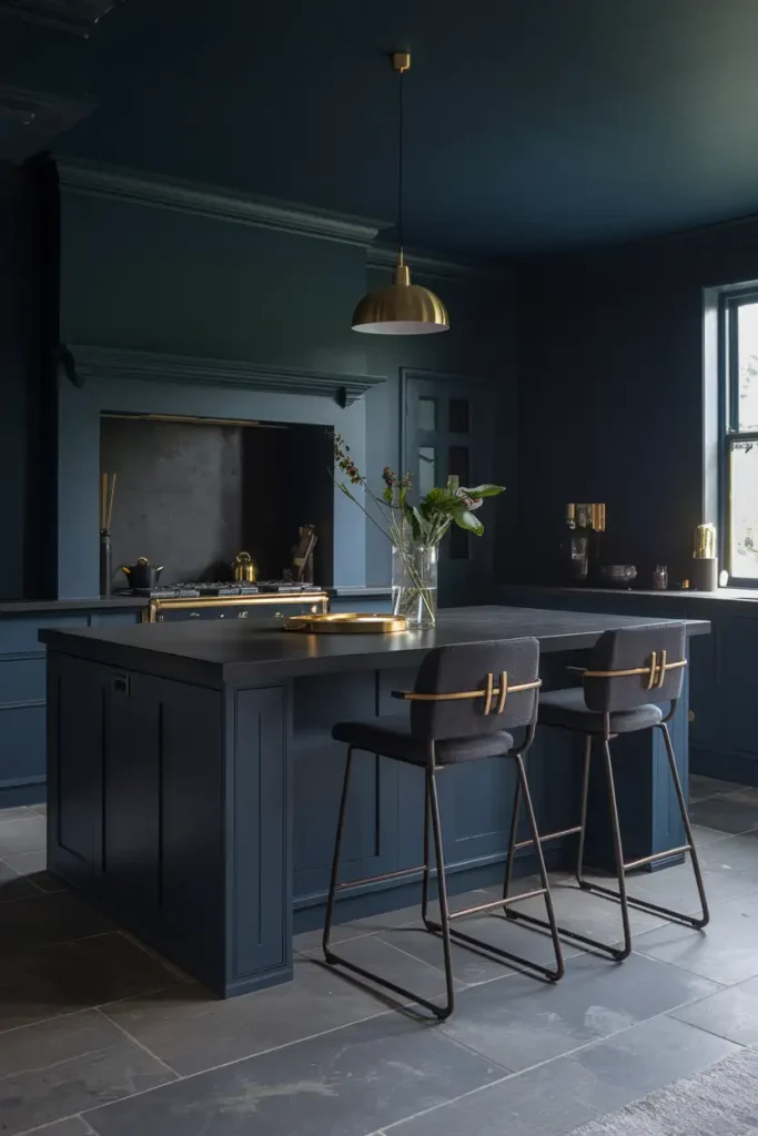 Charcoal and Gold Bar Stools-moody kitchen ideas