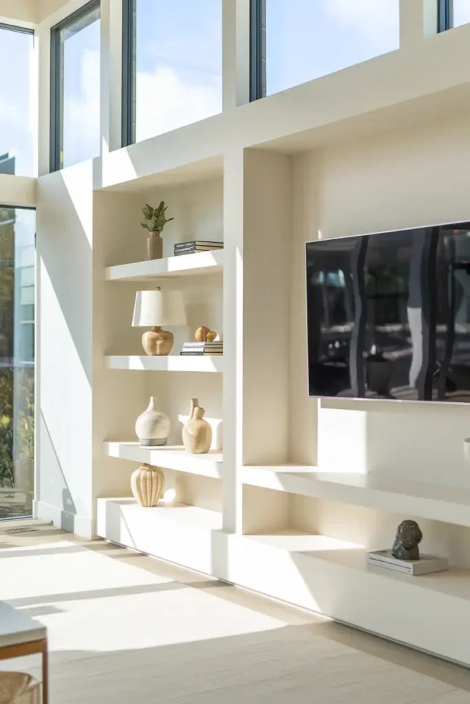 Classic White TV Wall with Built-In Shelving