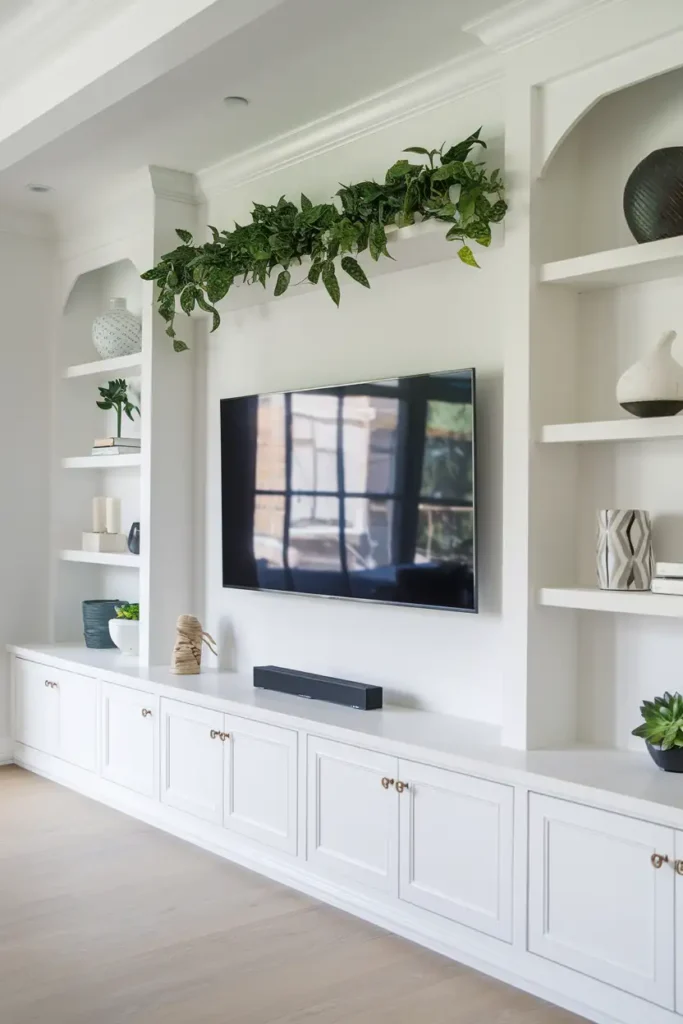 Classic White TV Wall with Built-In Shelving-modern living room tv wall ideas