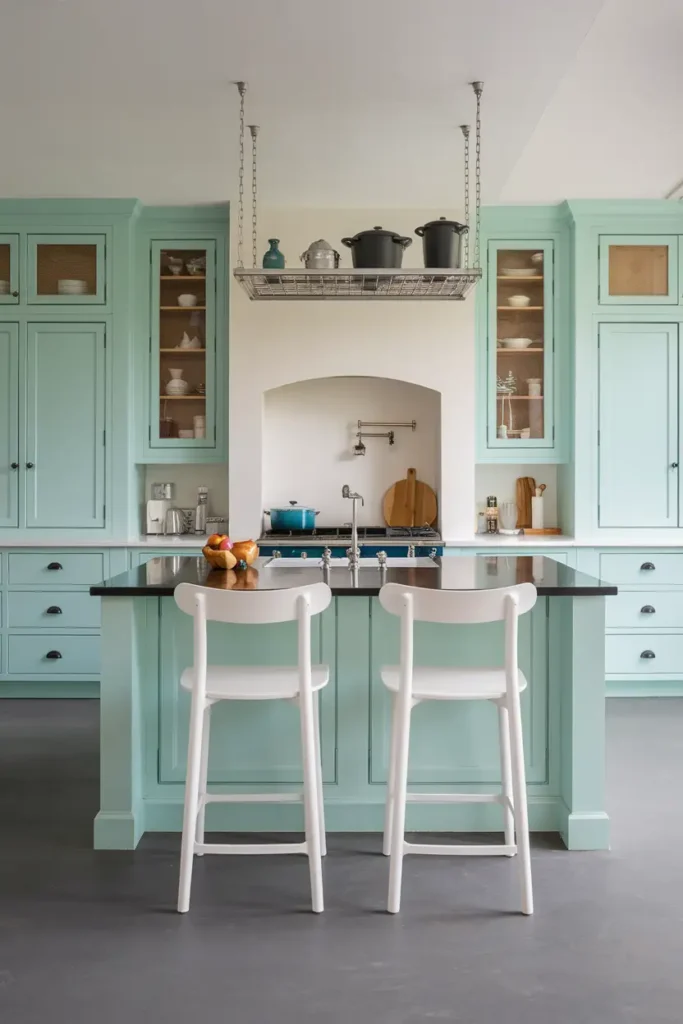 Cool Mint-kitchen cabinet colors that hide dust