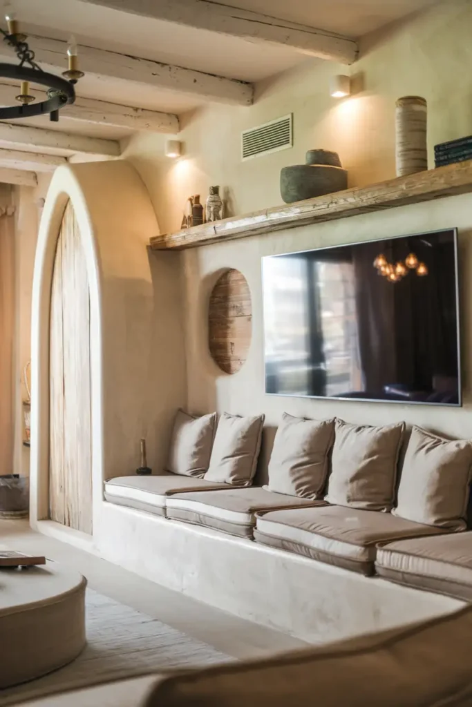 Cozy TV Wall with Built-In Seating and Rustic Charm