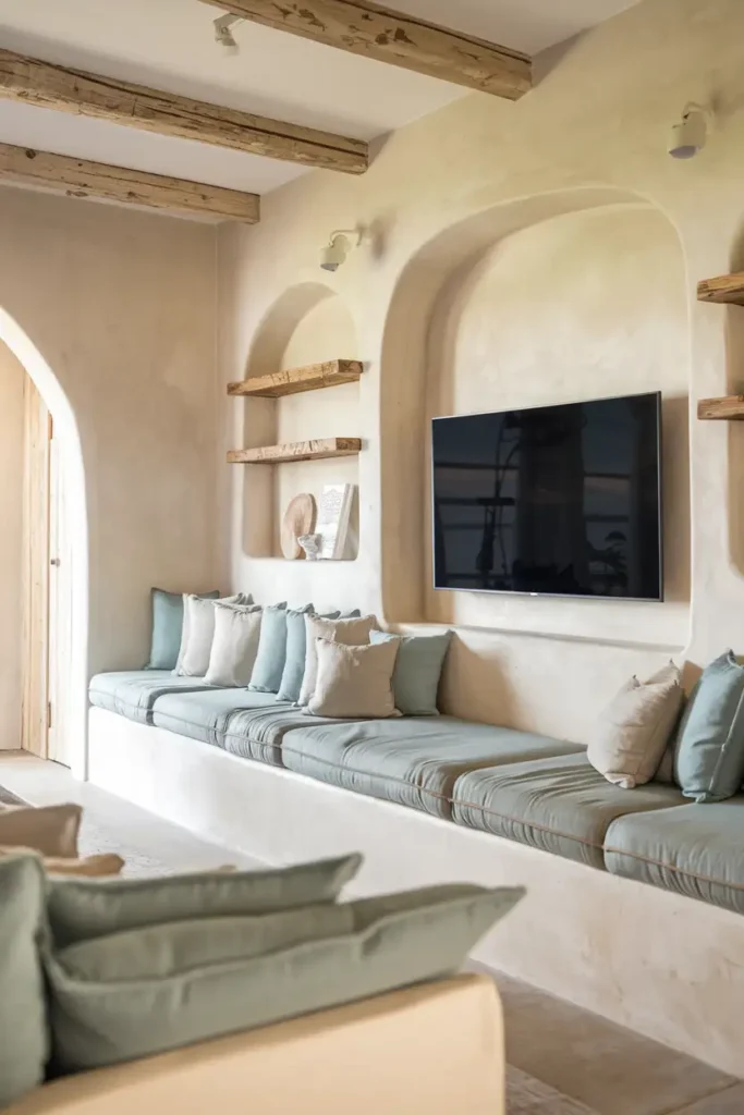 Cozy TV Wall with Built-In Seating and Rustic Charm-modern living room tv wall ideas