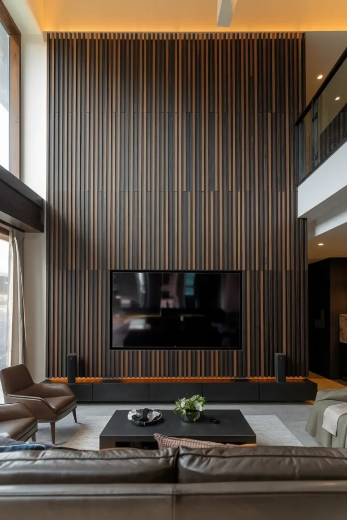 Dramatic Floor-to-Ceiling Slatted TV Wall 1