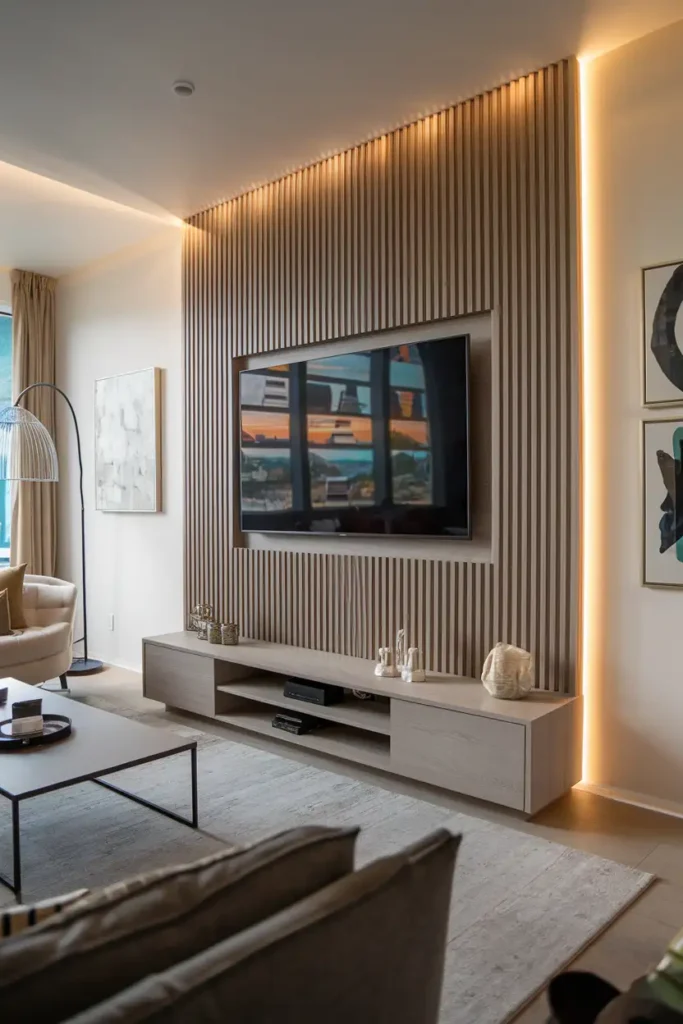 Dramatic Floor-to-Ceiling Slatted TV Wall-modern living room tv wall ideas