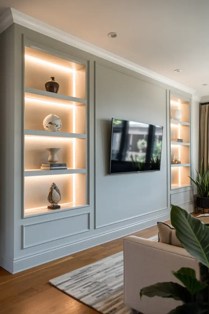 Elegant TV Wall with Soft Gray Paneling and Backlit Shelving