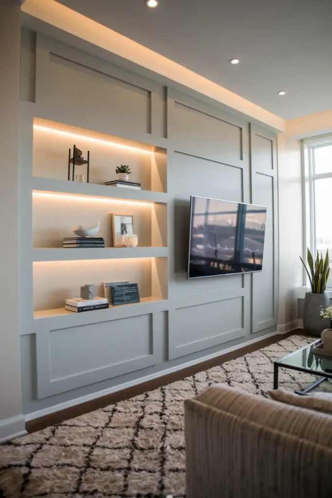 Elegant TV Wall with Soft Gray Paneling and Backlit Shelving-modern living room tv wall ideas