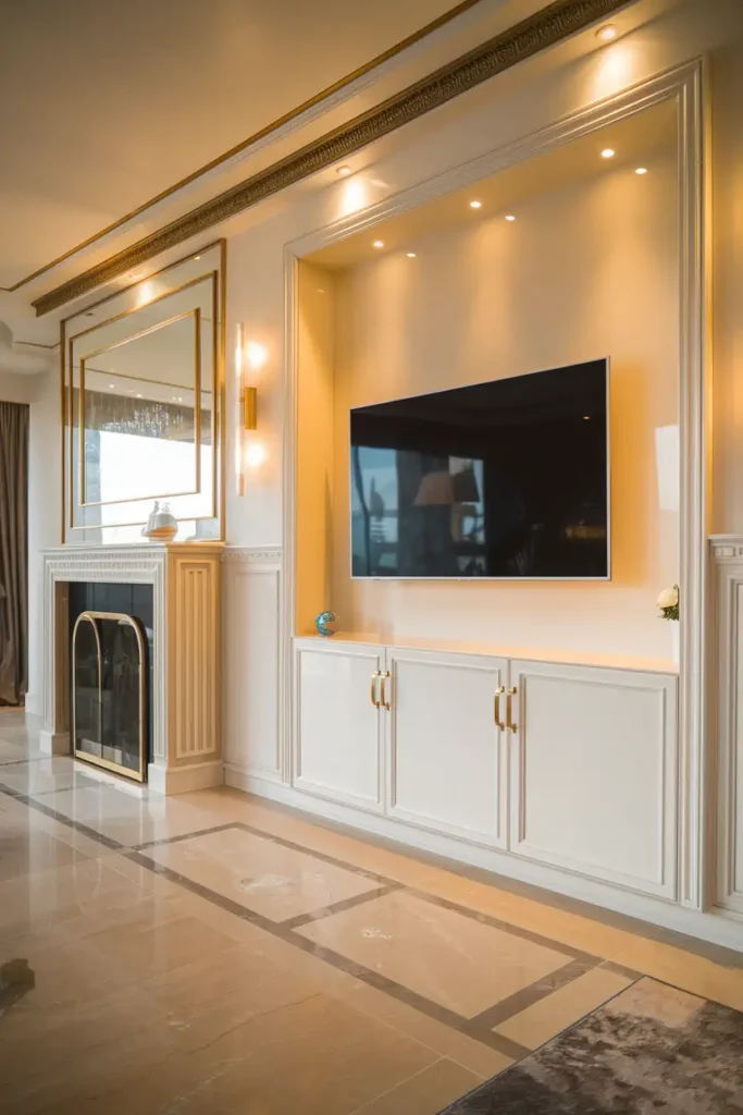 Elegant White TV Wall with a Touch of Luxury
