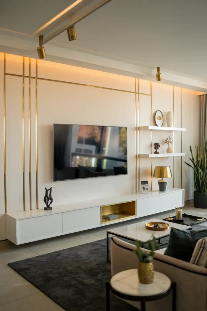 Elegant White TV Wall with a Touch of Luxury-modern living room tv wall ideas