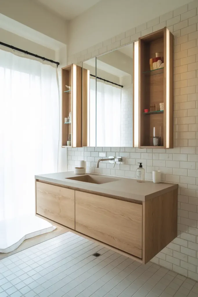 Floating Vanity Cabinets with Built-In Lighting