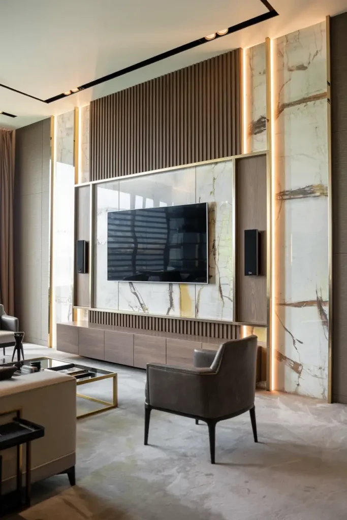 Luxurious TV Wall with Wood and Marble Accents