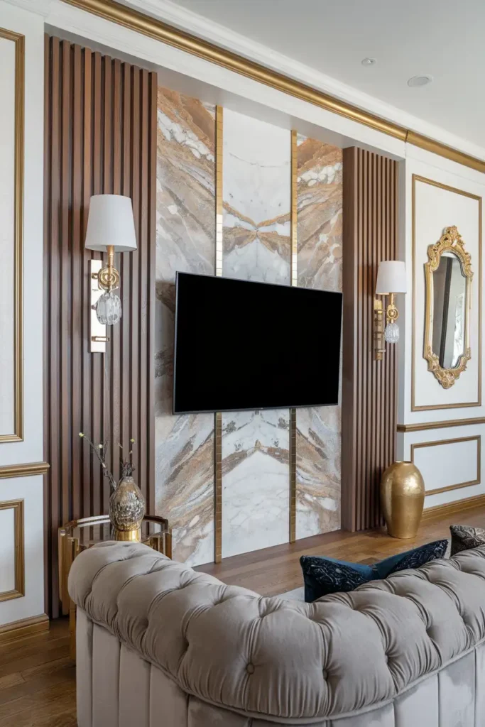 Luxurious TV Wall with Wood and Marble Accents-modern living room tv wall ideas