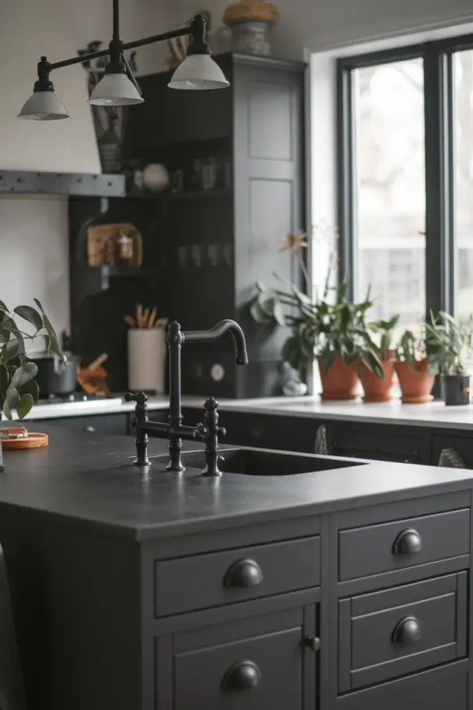 Matte Black Hardware-moody kitchen ideas