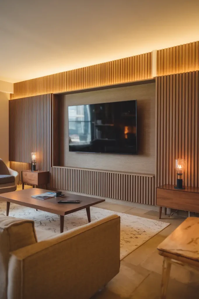 Mid-Century Modern TV Wall with Warm Lighting