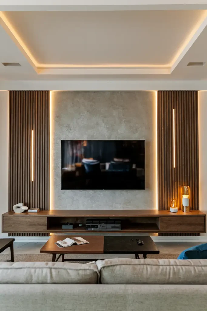 Mid-Century Modern TV Wall with Warm Lighting-modern living room tv wall ideas