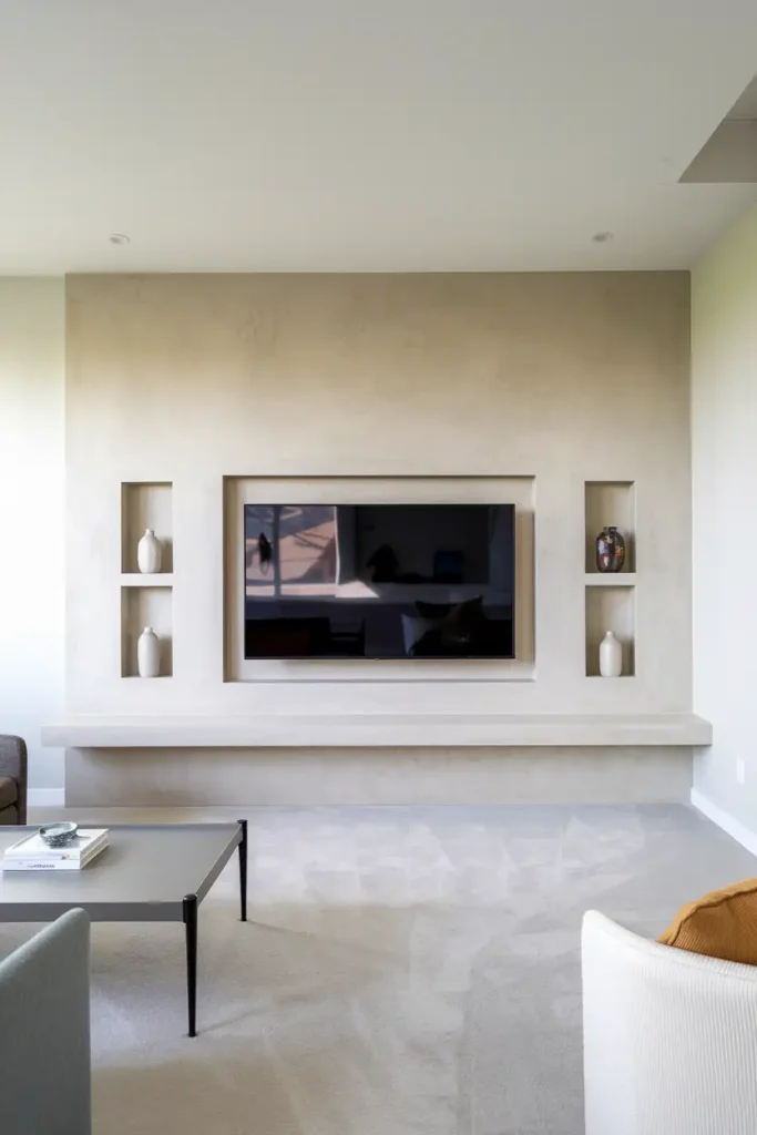 Minimalist Built-In TV Wall with Textured Finish-modern living room tv wall ideas