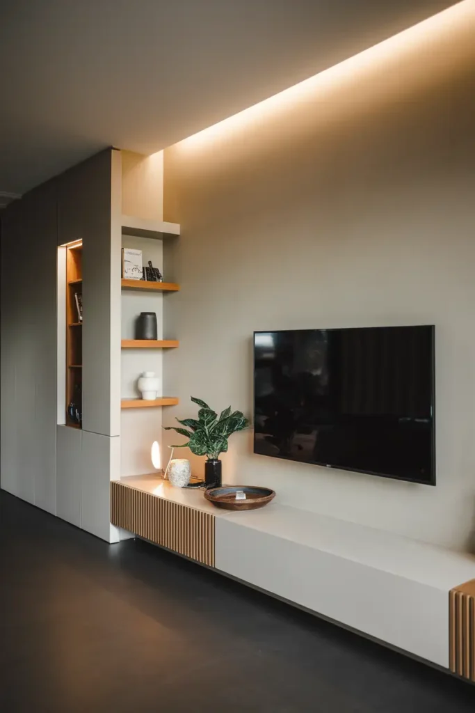 Minimalist TV Wall with Warm Wood Accents