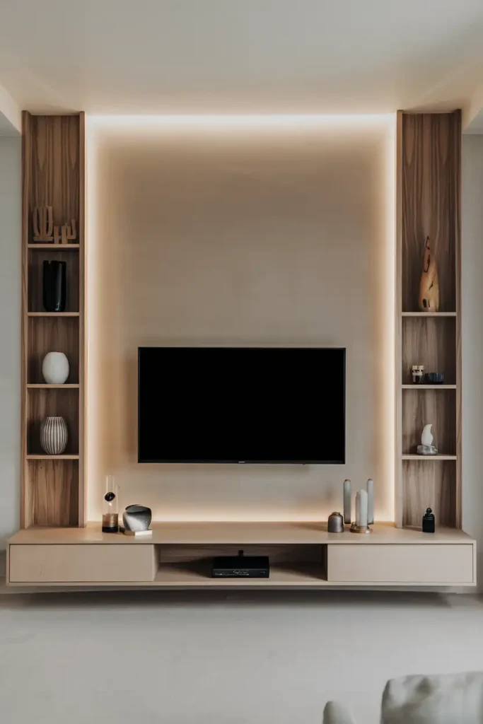 Minimalist TV Wall with Warm Wood Accents-modern living room tv wall ideas