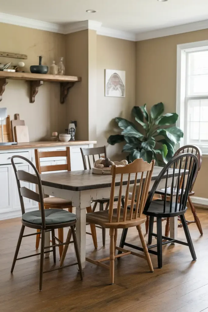 Mixed Wooden Chairs-boho kitchen ideas