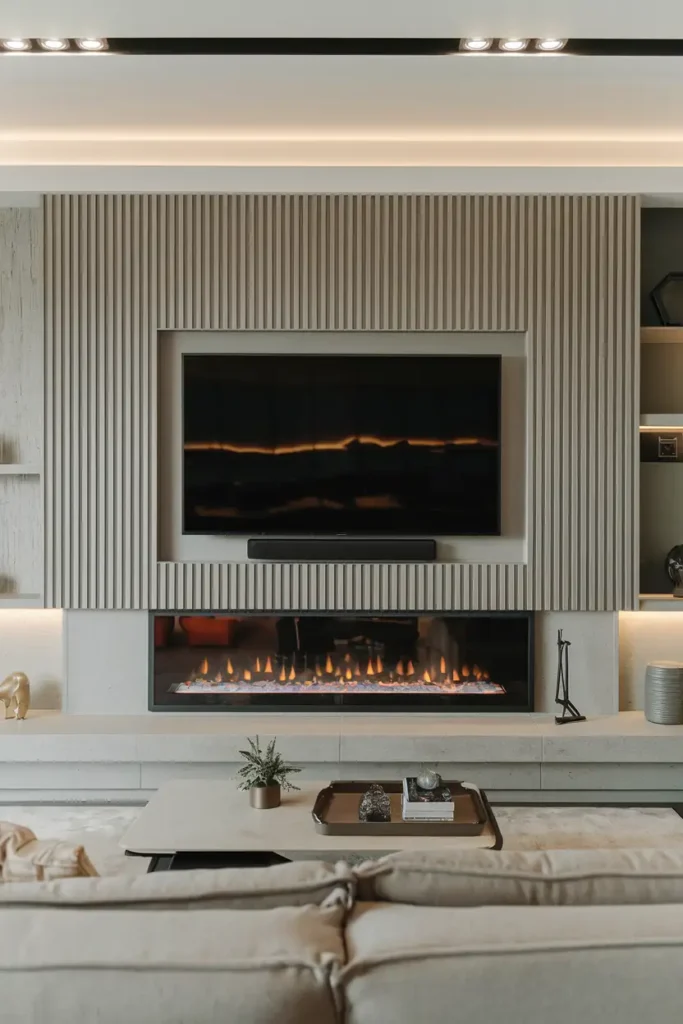Modern TV Wall with Integrated Fireplace-modern living room tv wall ideas
