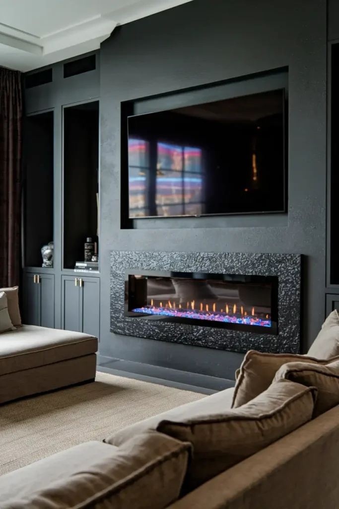 Moody Modern Elegance with Colorful Fireplace Accents-modern living room tv wall ideas