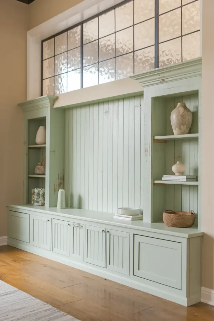 Pastel Green Built-In TV Wall with Rustic Charm