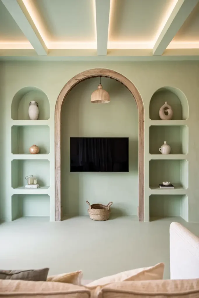 Pastel Green Built-In TV Wall with Rustic Charm-modern living room tv wall ideas