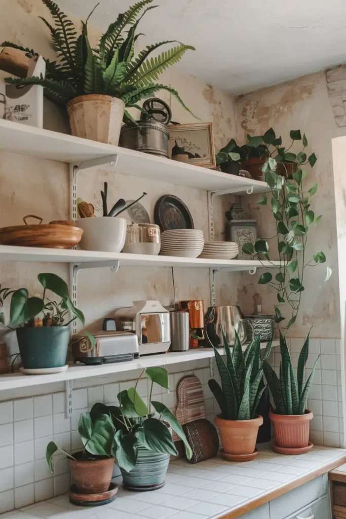 Plants on Open Shelves-boho kitchen ideas