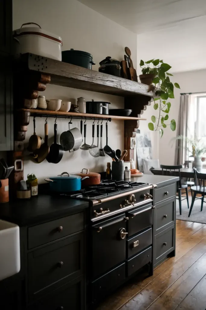 Rustic Wooden Shelves-moody kitchen ideas