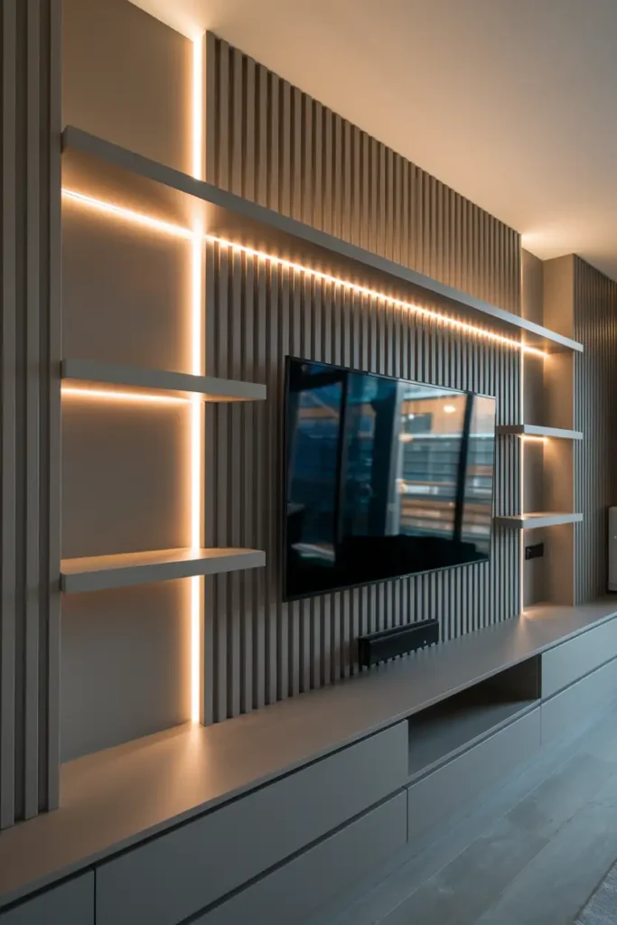 Sleek TV Wall with Vertical Slats and Layered Lighting