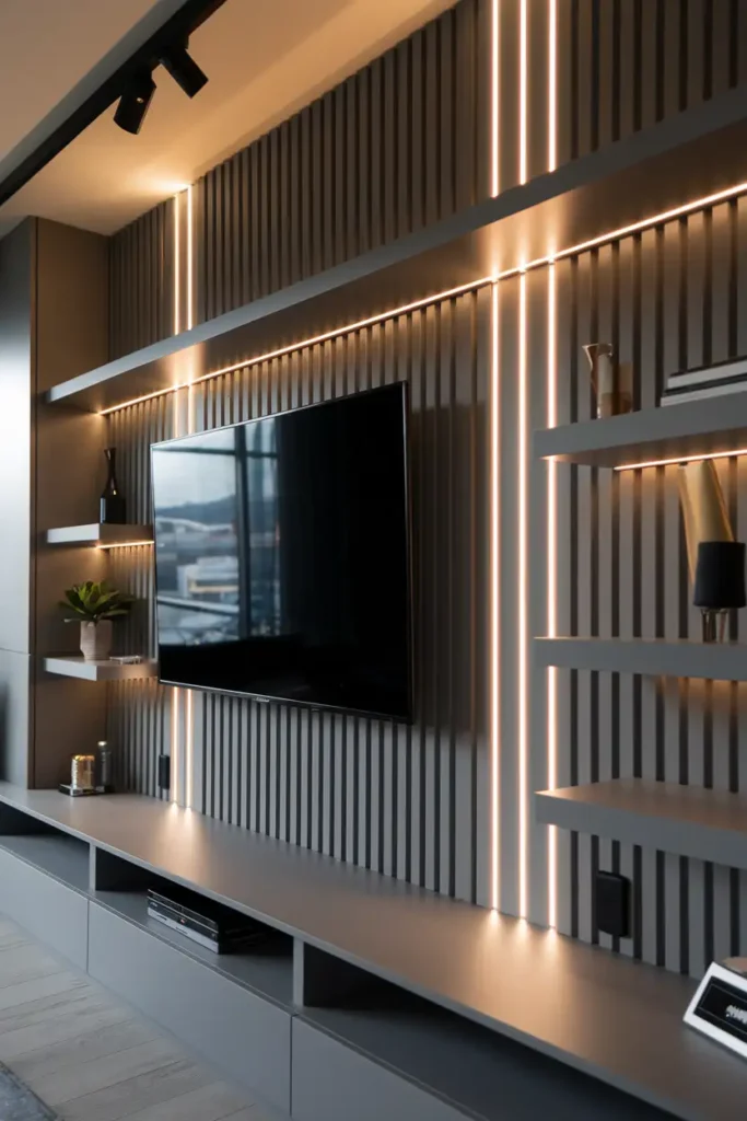 Sleek TV Wall with Vertical Slats and Layered Lighting-modern living room tv wall ideas