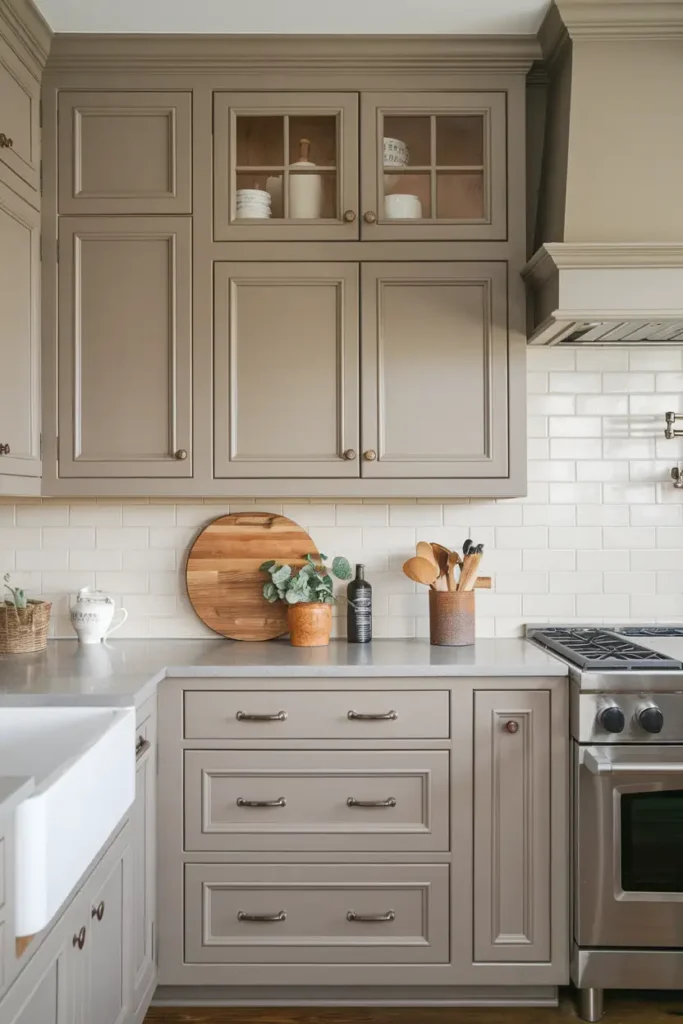 Soft Taupe-kitchen cabinet colors that hide dust