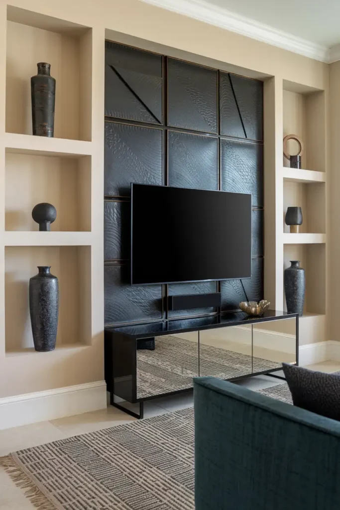 Sophisticated Black and Textured TV Wall-modern living room tv wall ideas