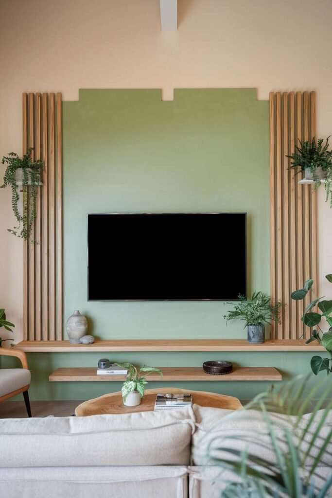 Vibrant Green TV Wall with Natural Wooden Accents