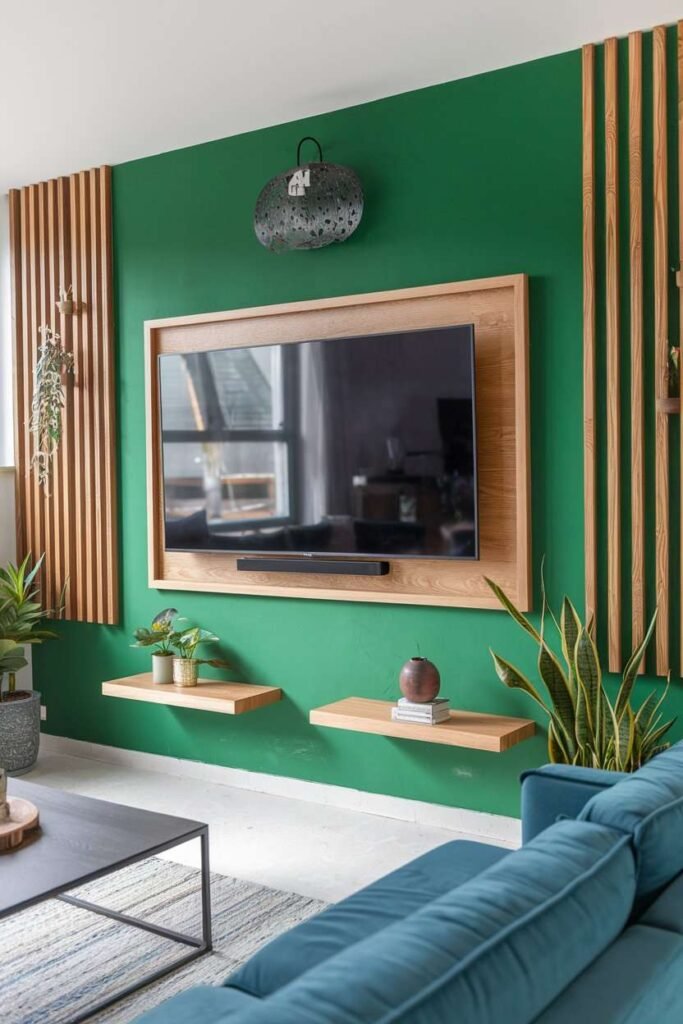 Vibrant Green TV Wall with Natural Wooden Accents-modern living room tv wall ideas