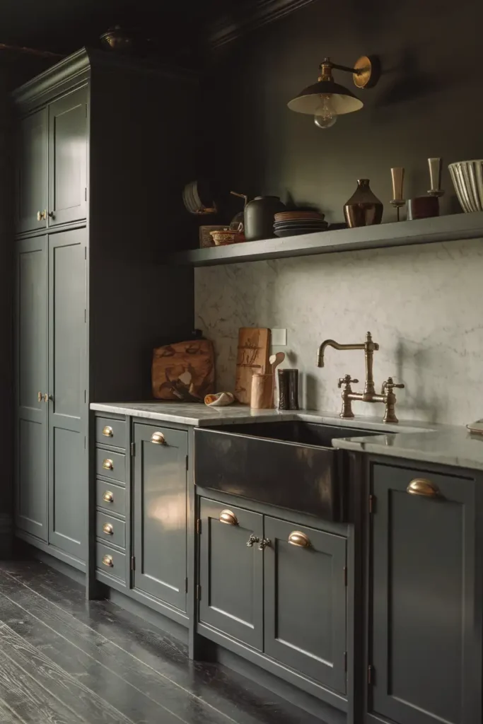 Vintage Brass Fixtures-moody kitchen ideas