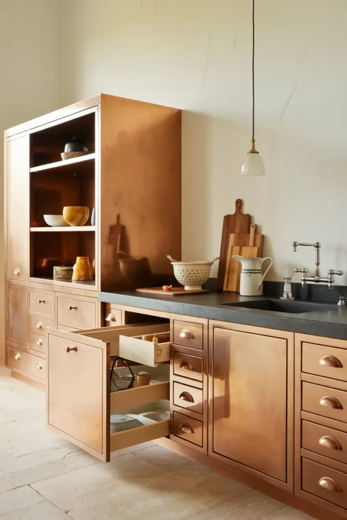 Warm Copper-kitchen cabinet colors that hide dust