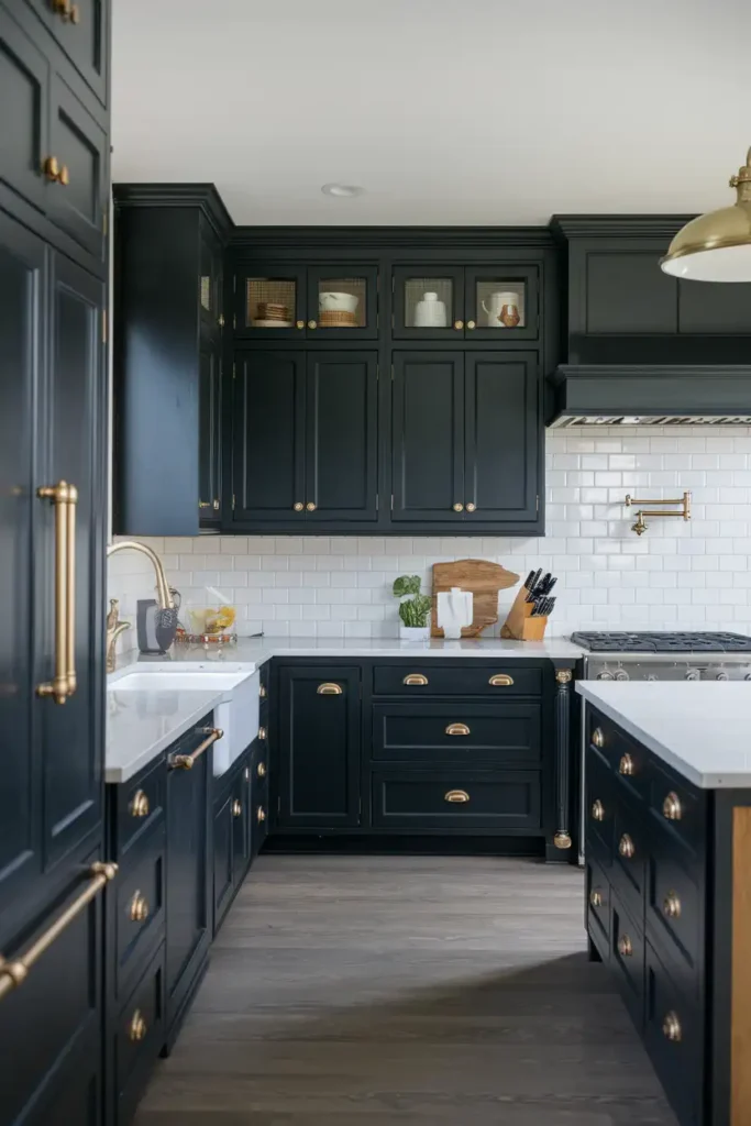 Add Pops of Brass Accents-black cabinet kitchen ideas
