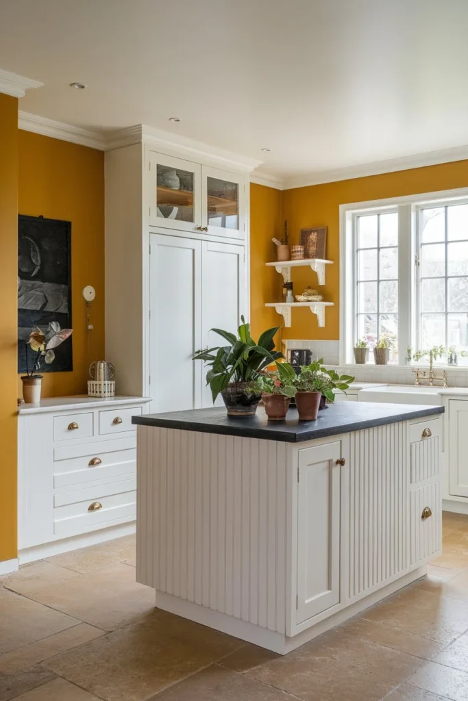 Bold Mustard-paint colors for white cabinet kitchens